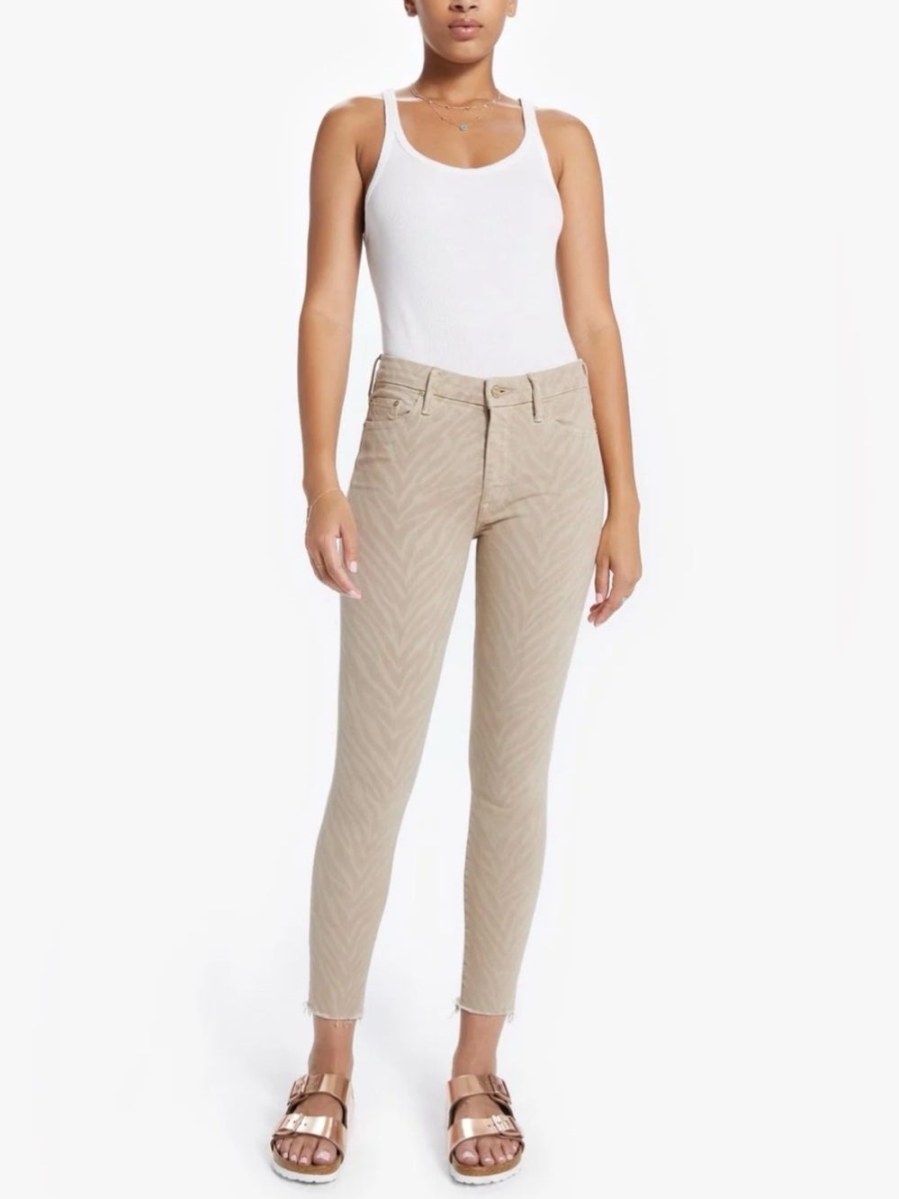 Mother Denim The Looker Ankle Fray Sweet Stripes 26 Statement Zebra Print Beige